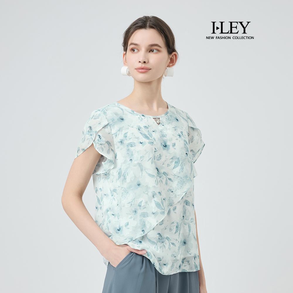 ILEY伊蕾 活片燒花印花雪紡上衣(淺藍；M-XL)