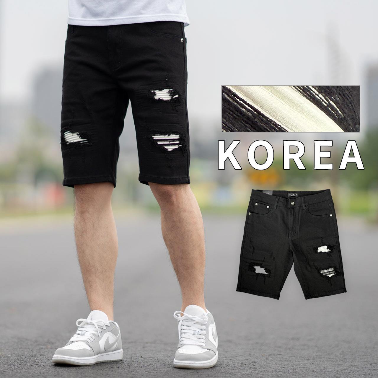 【NB1893J】韓國製精品白色立體皮革補丁黑色牛仔短褲(LE-HB927)