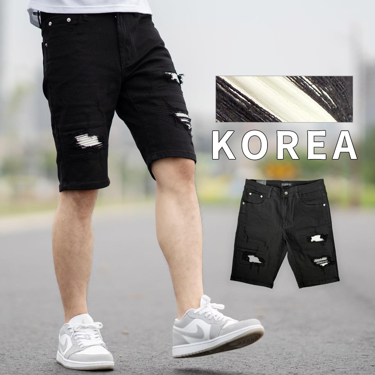 【NB1893J】韓國製精品白色立體皮革補丁黑色牛仔短褲(LE-HB927)