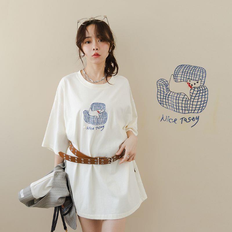 現貨★圓領刺繡英字貝殼串珠短袖上衣(共2色)0520 【NR0691】