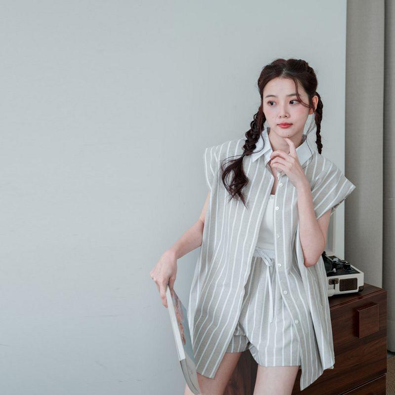 ★二件套！棉麻翻領條紋背心+鬆緊腰棉麻條紋短褲(共2色)0520 預購【NR0966】