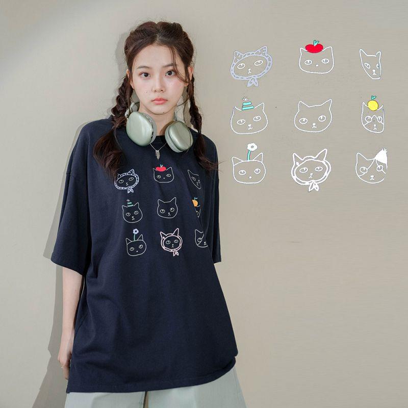 現貨★寬鬆刺繡貓咪印花棉質上衣(共2色)0520 【NR0978】
