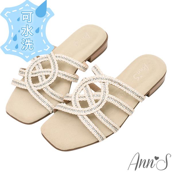 Ann’S水洗牛皮-華麗交錯水鑽木紋跟方頭涼拖鞋2cm-米白