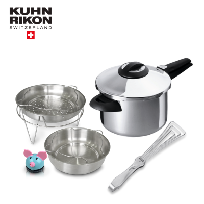 KUHN RIKON瑞士首席單柄壓力鍋5L+雙層蒸盤含蒸架21CM+精選快易夾+彩豬計時器