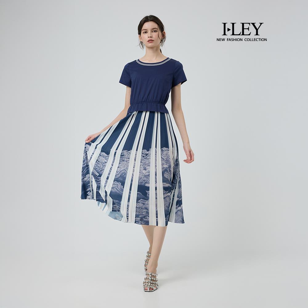ILEY伊蕾 海浪印花拼接純棉洋裝(深藍；M-2L)