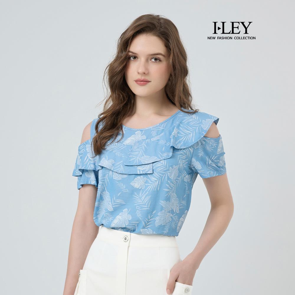 ILEY伊蕾 不對稱肩袖棉質印花上衣(藍；M-XL)