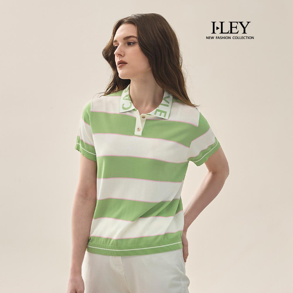 ILEY伊蕾 POLO領條紋縲縈針織上衣(淺綠；M-XL)