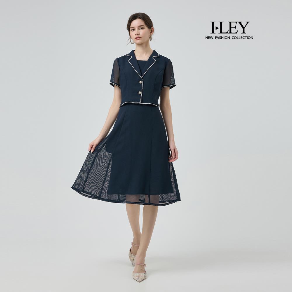 ILEY伊蕾 貴氣海軍風假兩件縲縈洋裝(深藍；M-2L)