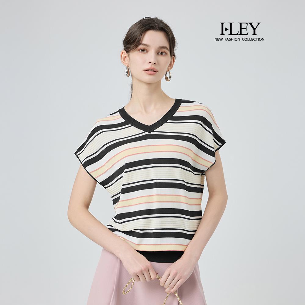 ILEY伊蕾 立體條紋V領縲縈針織上衣(白；M-2L)