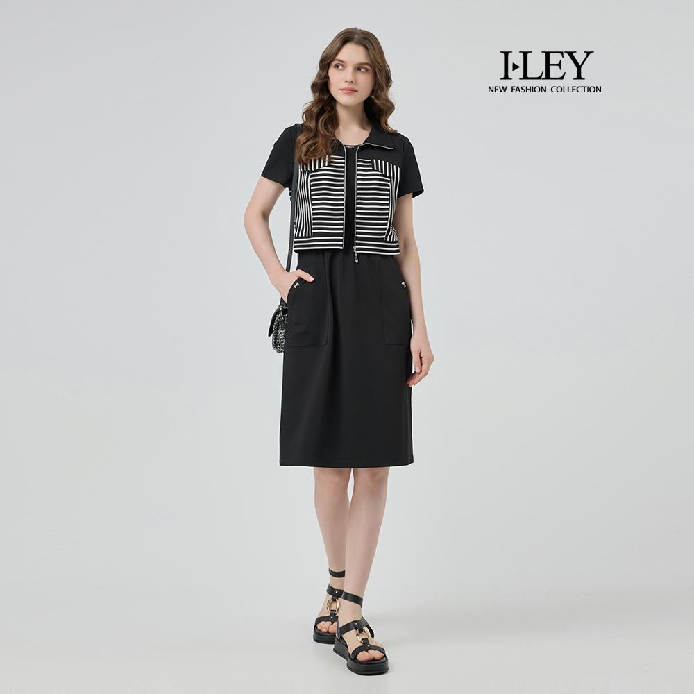 ILEY伊蕾 條紋拼接假兩件縲縈洋裝(黑；M-2L)