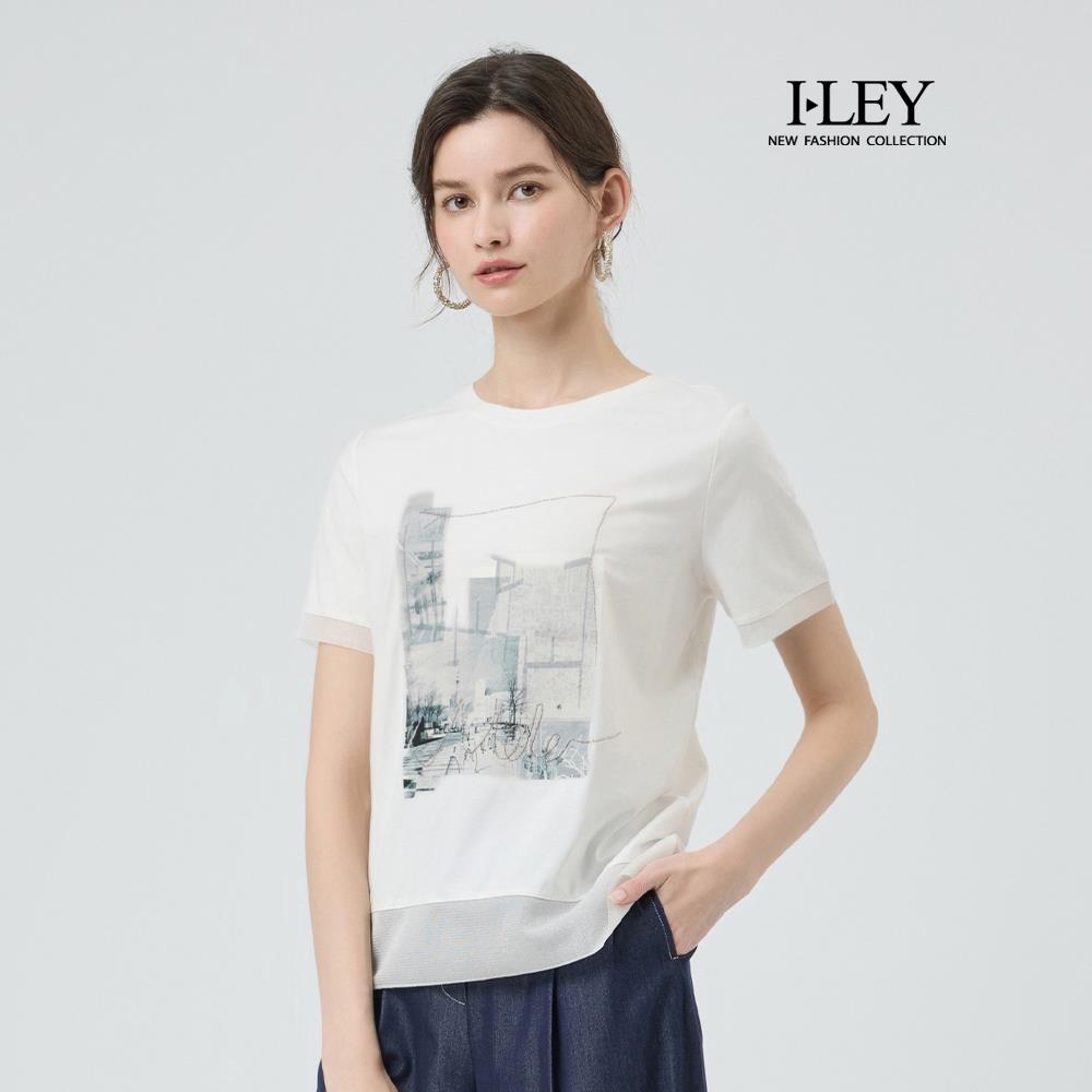 ILEY伊蕾 膠印圖案珠鍊拼接棉質上衣(白；M-XL)