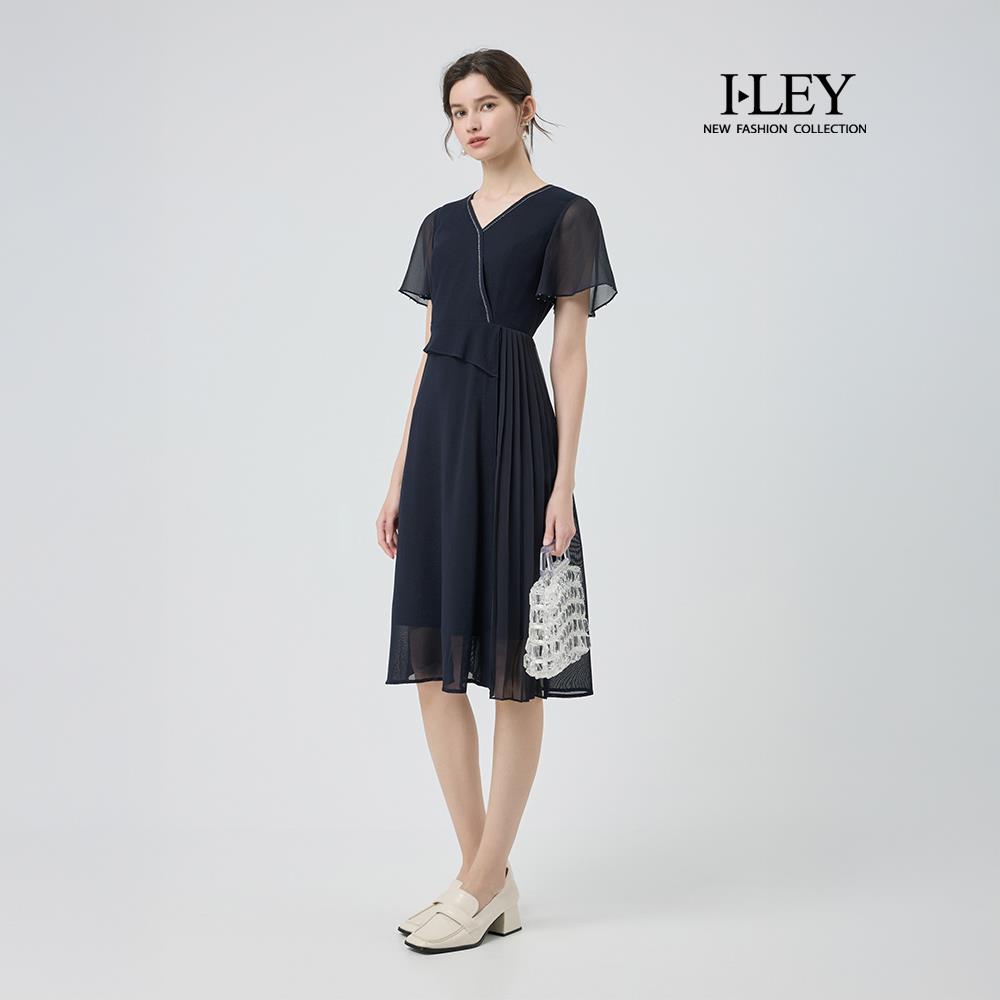ILEY伊蕾 星空細鑽短袖縲縈網格洋裝(深藍；M-2L)