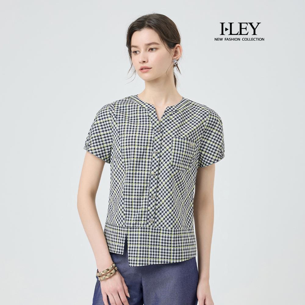 ILEY伊蕾 水鑽排釦萊賽爾細格紋上衣(深藍；M-XL)