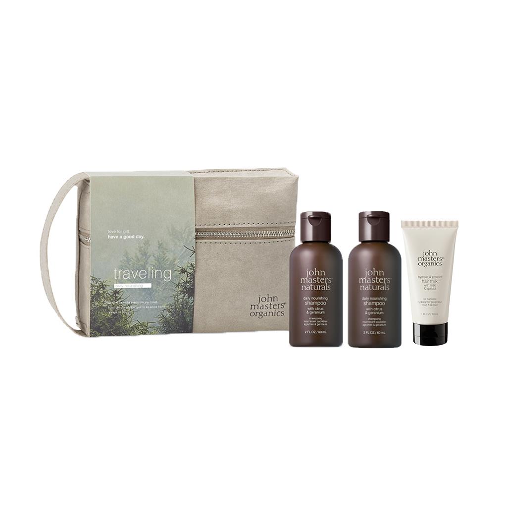 【預購】John Masters Organics 旅行日常-輕柔洗護組 (柑橘天竺葵洗髮精 60ml*2+玫瑰杏桃修護乳30ml*1+旅行袋小*1)