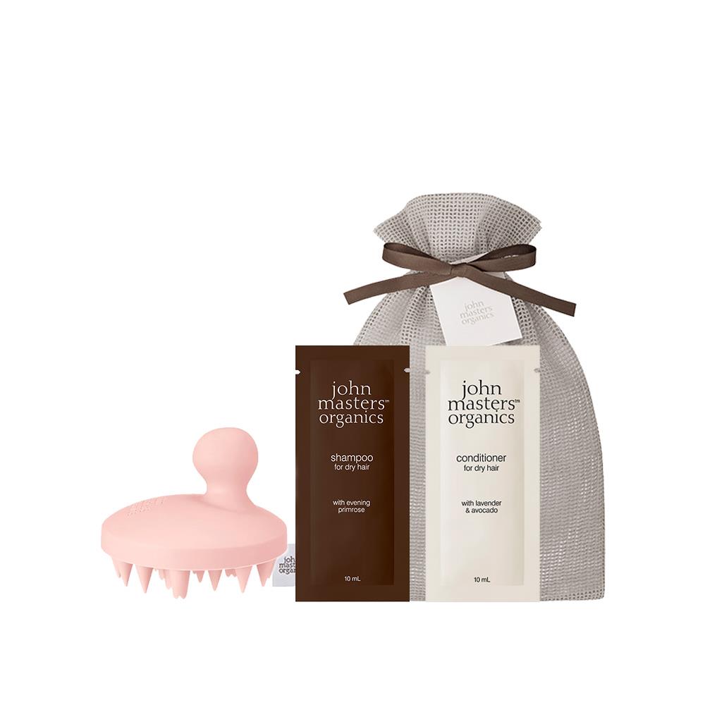 【預購】John Masters Organics 旅行日常-頭皮按摩洗護組 (頭皮按摩梳櫻花粉+月見草洗髮精10ml+薰衣草酪梨密集護髮乳10ml+收納袋*1)