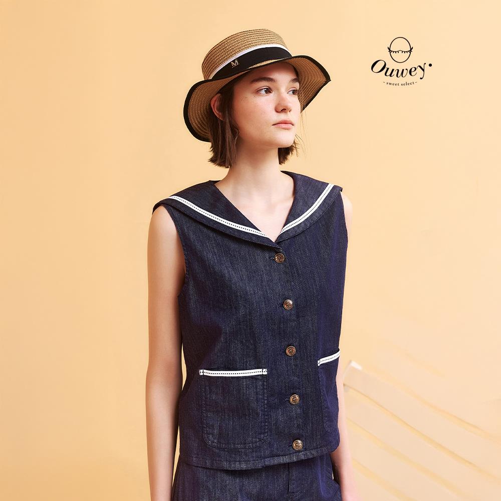 OUWEY歐薇 夏季海軍領無袖縲縈牛仔上衣(深藍；S-L)
