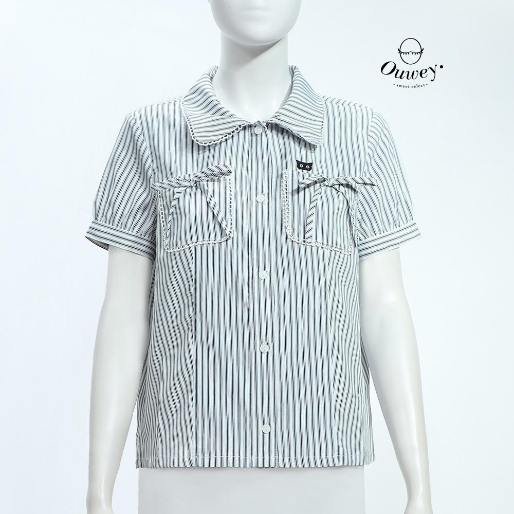 OUWEY歐薇 蕾絲邊貓咪刺繡條紋短袖襯衫(白；M-XL)