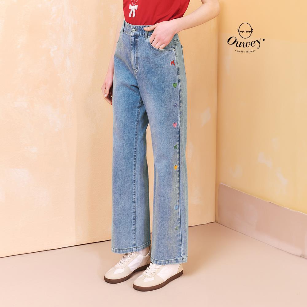 OUWEY歐薇 多色刺繡直筒純棉水洗牛仔褲(藍；M-XL)