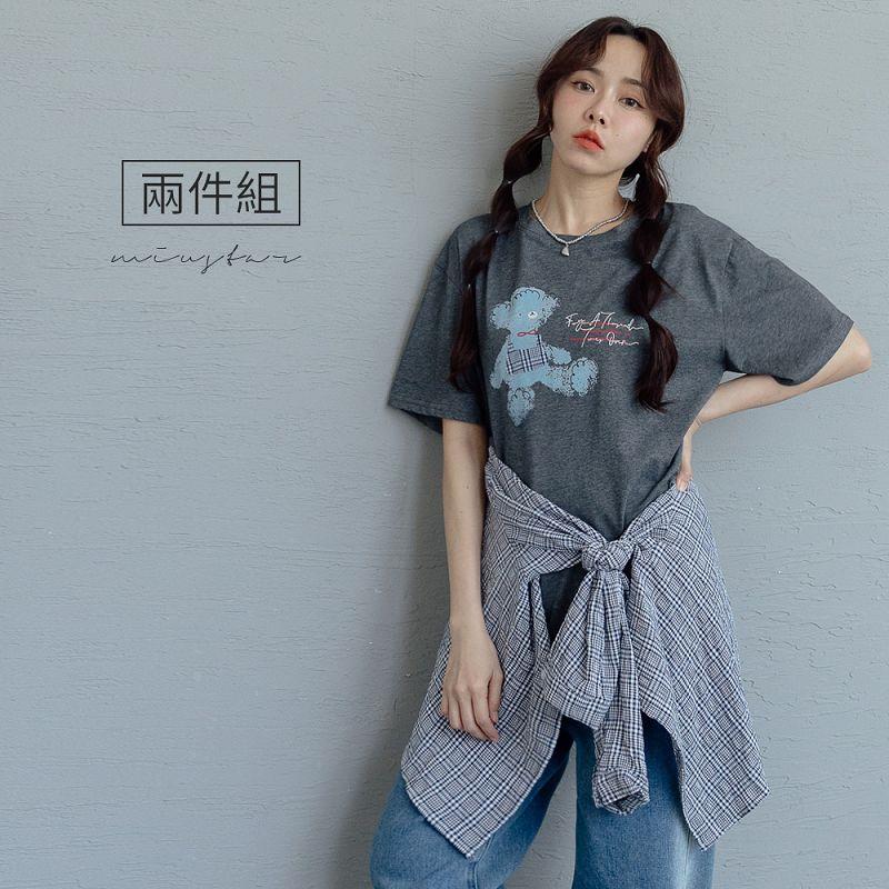 現貨★二件套！棉麻格紋綁帶罩衫+小熊印花棉質短袖上衣(共1色)0527 【NR0854】