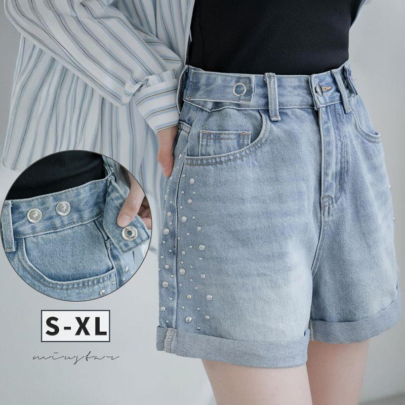現貨★可調節腰帶金屬燙印無彈性牛仔短褲(共2色，S-XL)0527 【NR0902】