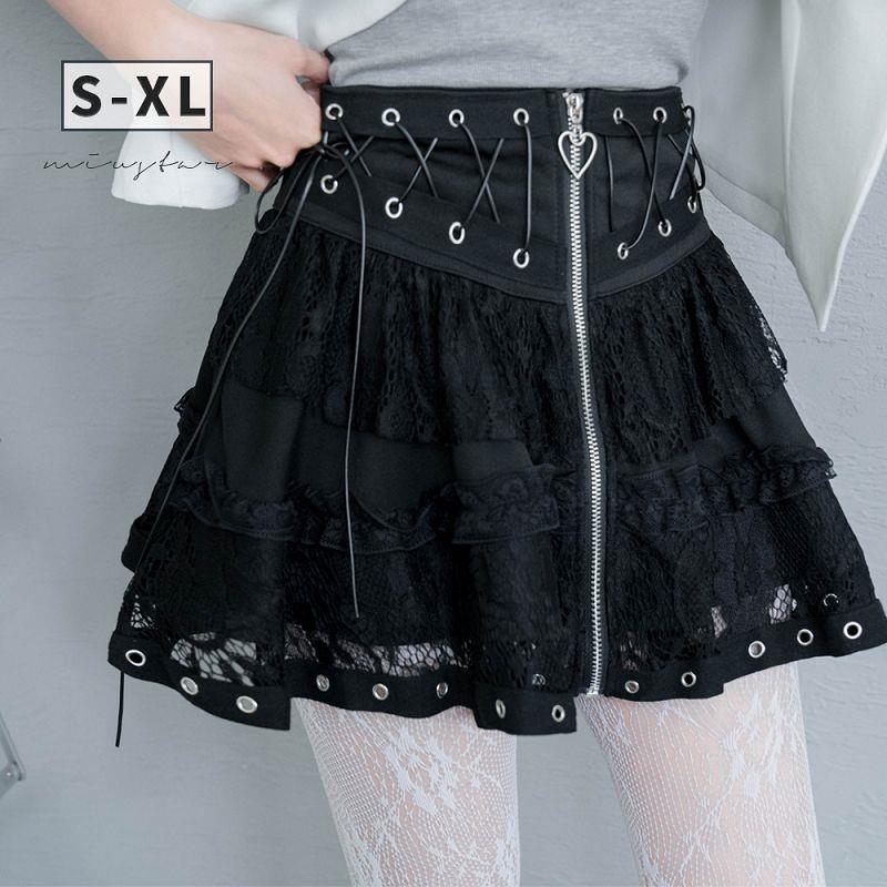 現貨★皮綁繩前拉鍊蕾絲層次短裙(共1色，S-XL)0527 【NR0932】