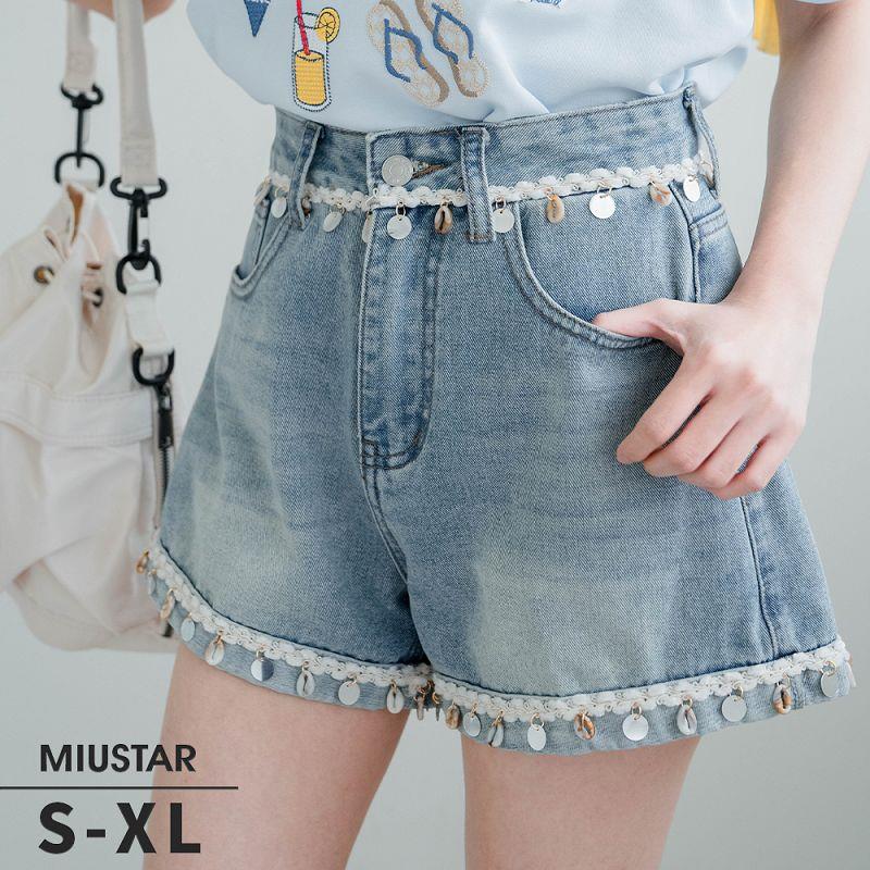 現貨★渡假貝殼流蘇牛仔短褲(共1色，S-XL)0527 【NR0979】