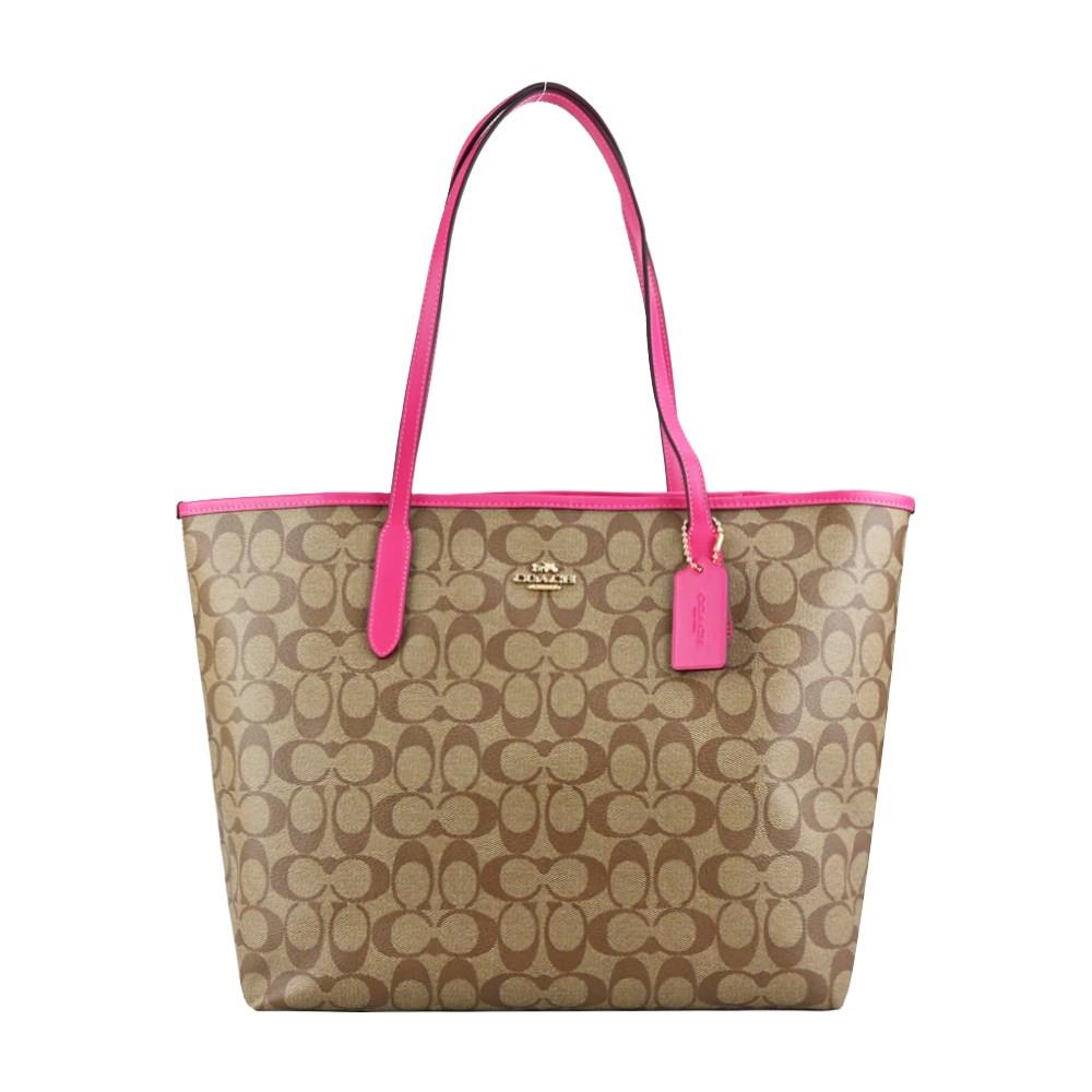 【COACH】卡其粉馬車經典緹花托特包(卡其粉色，３３ｃｍｘ１５．８ｃｍｘ２９．２ｃｍ、提把高度：約２４ｃｍ、拉鍊內袋Ｘ１)
