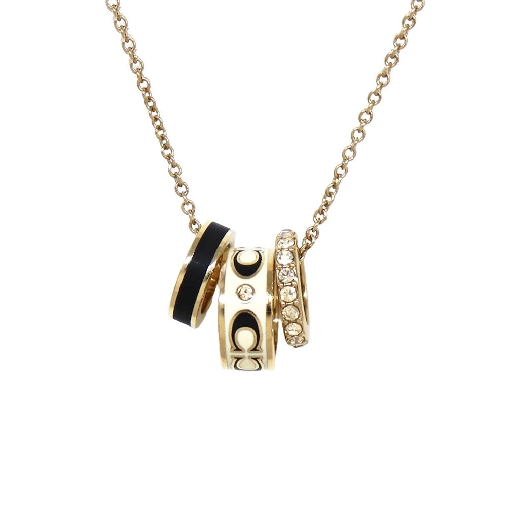 【COACH】經典時尚LOGO水鑽三環項鍊(合金，素面環０．３＊１ｃｍ／水鑽環０．２＊１．５ｃｍ／滿版ＬＯＧＯ環０．８＊１．１ｃｍ、鍊長約４０－４６（可調整）)