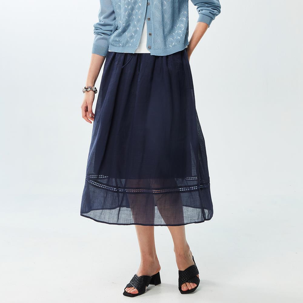 100%亞麻深海微光透感拼接長裙長裙_深藍色【MON'S 流行服飾】