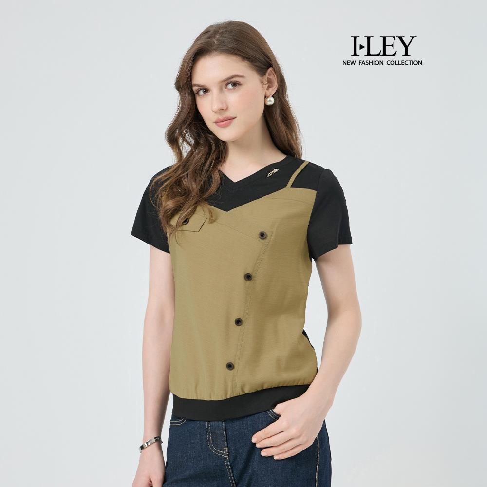 ILEY伊蕾 排釦拼接假兩件縲縈棉T(黑；M-2L)