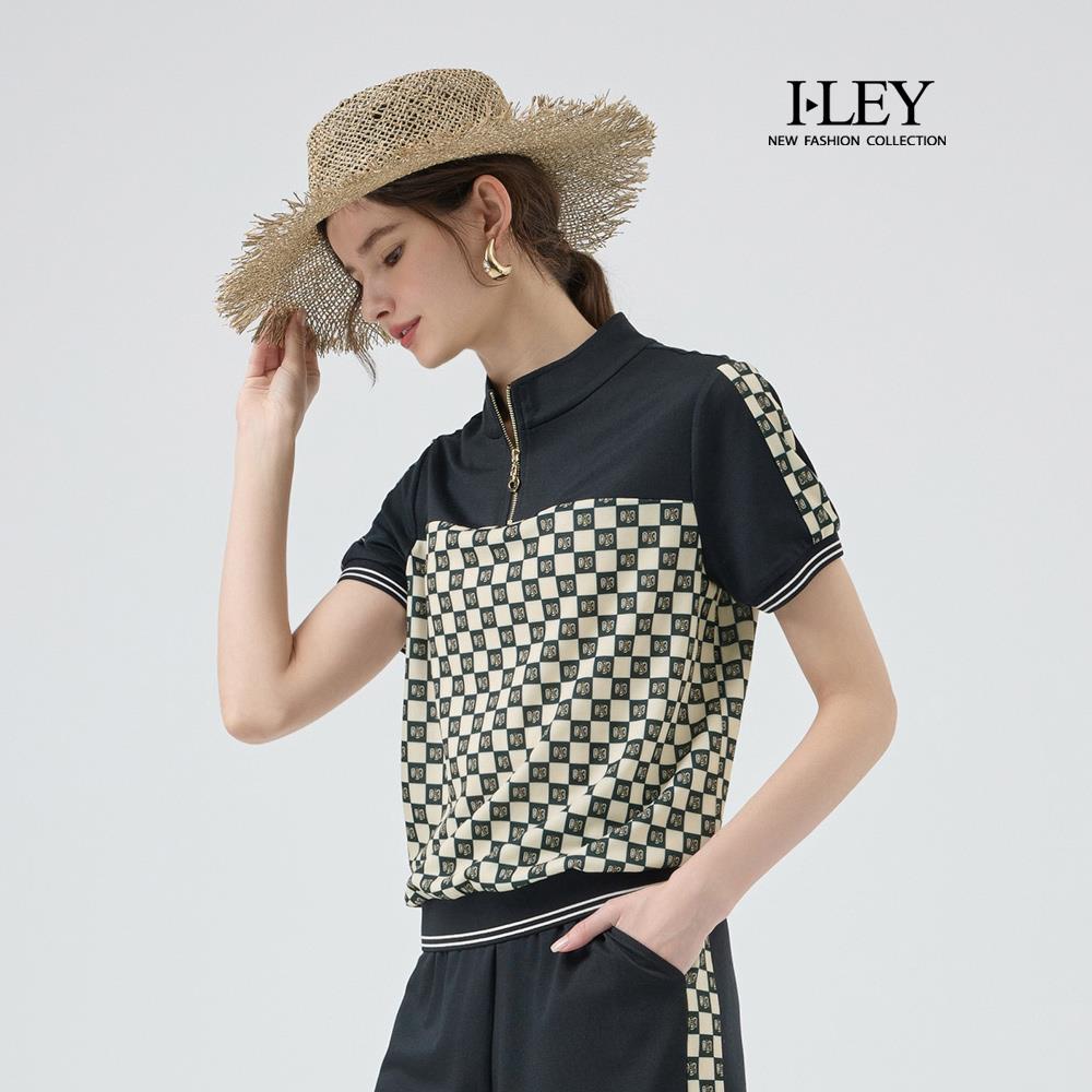 ILEY伊蕾 棋盤格拼接拉鍊上衣(深藍；M-2L)