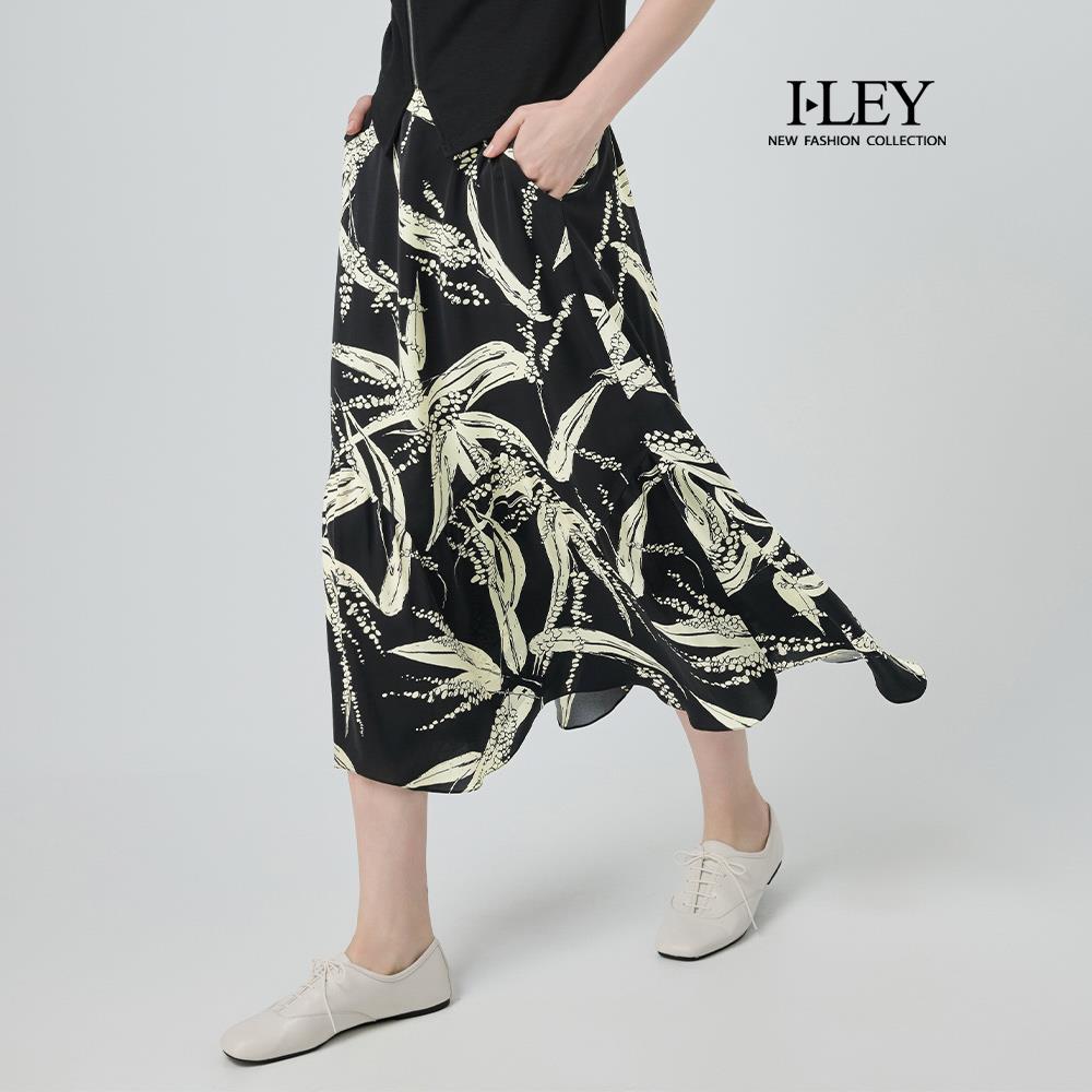 ILEY伊蕾 熱帶樹林印花A字中長裙(黑；M-XL)