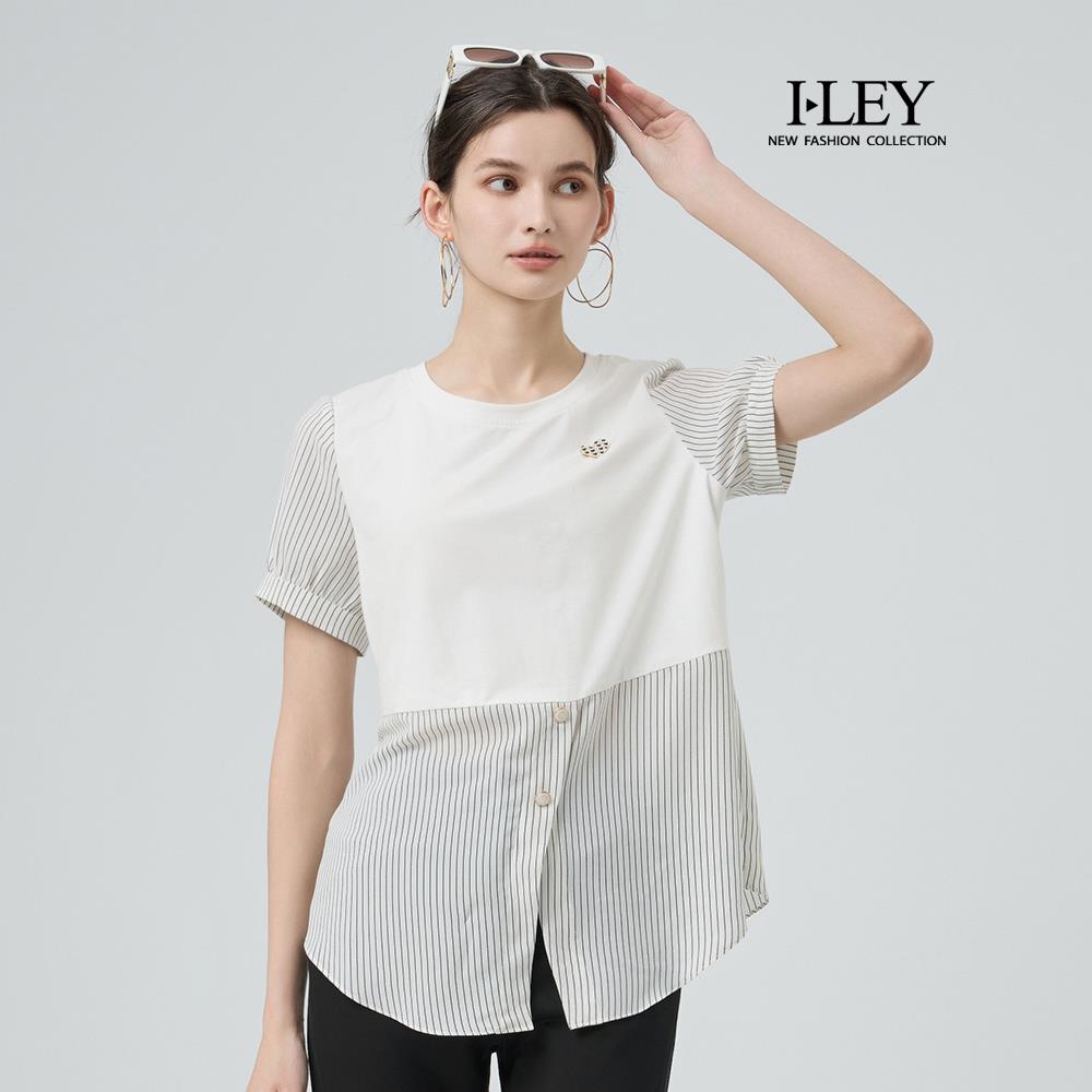 ILEY伊蕾 圓領拼接條紋棉質上衣(白；M-XL)