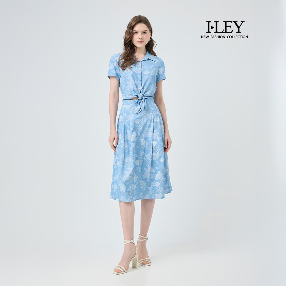 ILEY伊蕾 襯衫綁結假兩件棉質印花洋裝(藍；M-XL)