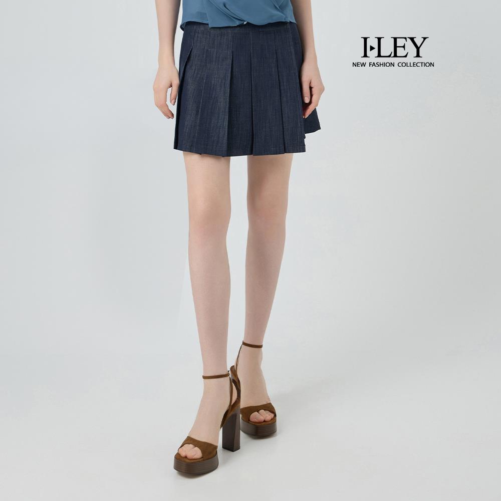 ILEY伊蕾 百褶活片縲縈牛仔短褲裙(深藍；M-2L)