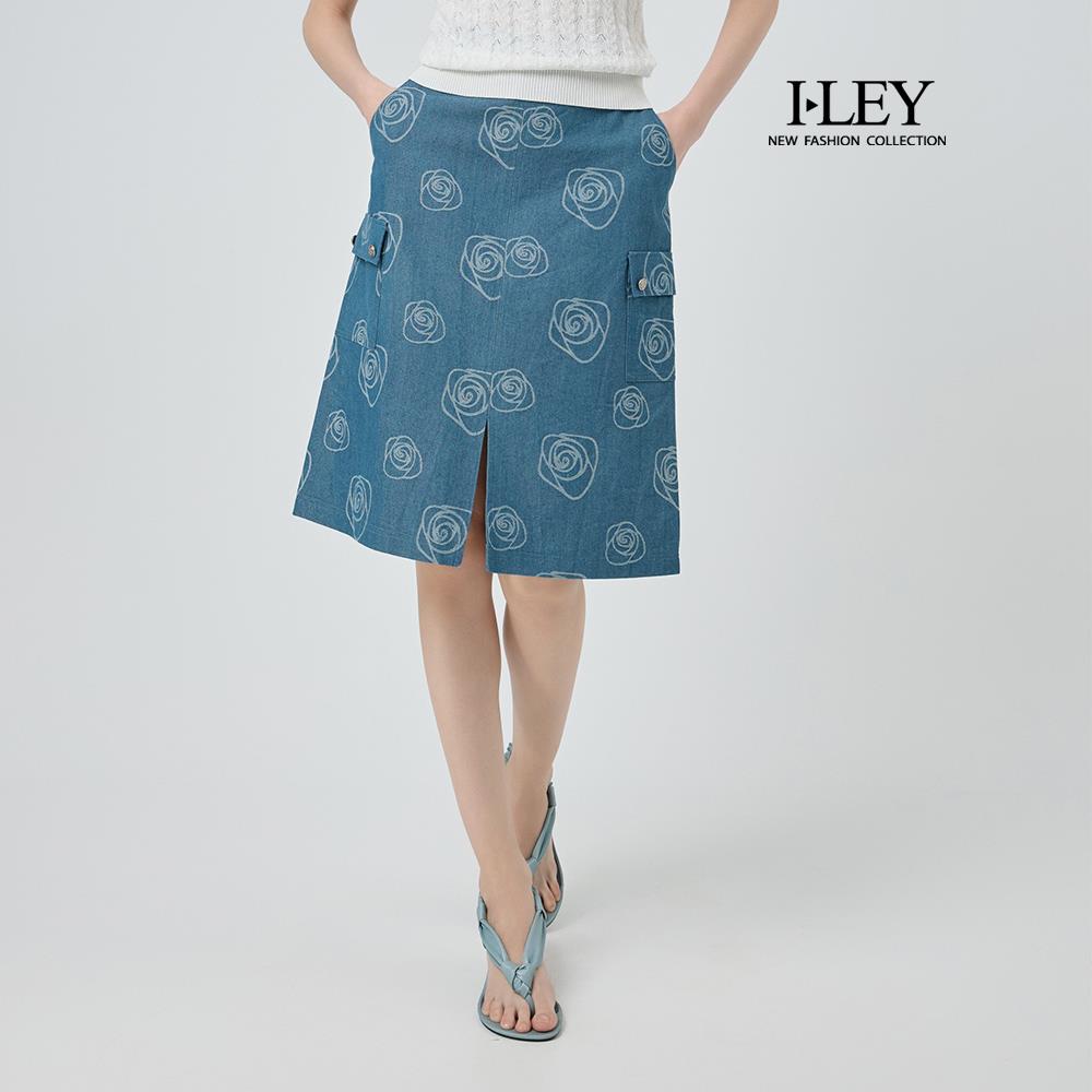 ILEY伊蕾 玫瑰緹花開衩棉質及膝牛仔裙(藍；M-XL)