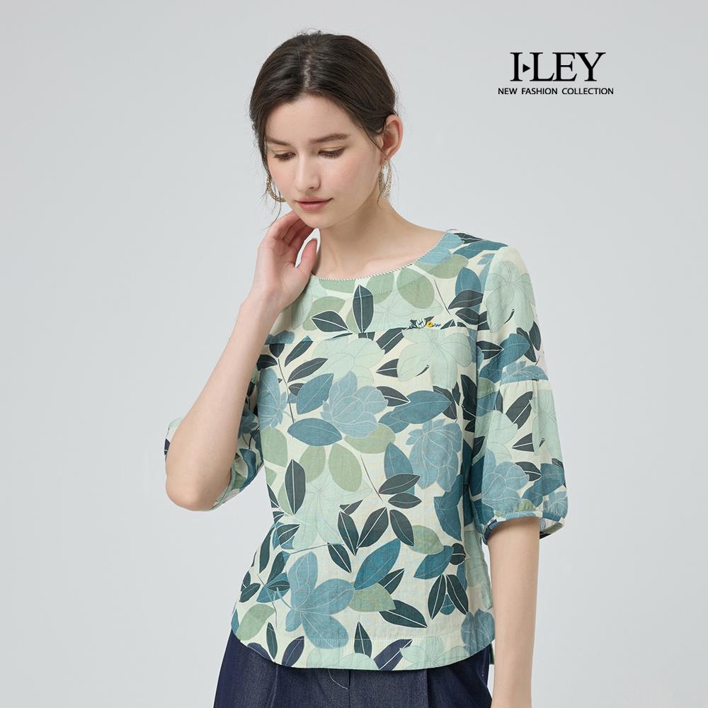 ILEY伊蕾 圓領七分袖縲縈樹葉印花上衣(綠；M-2L)