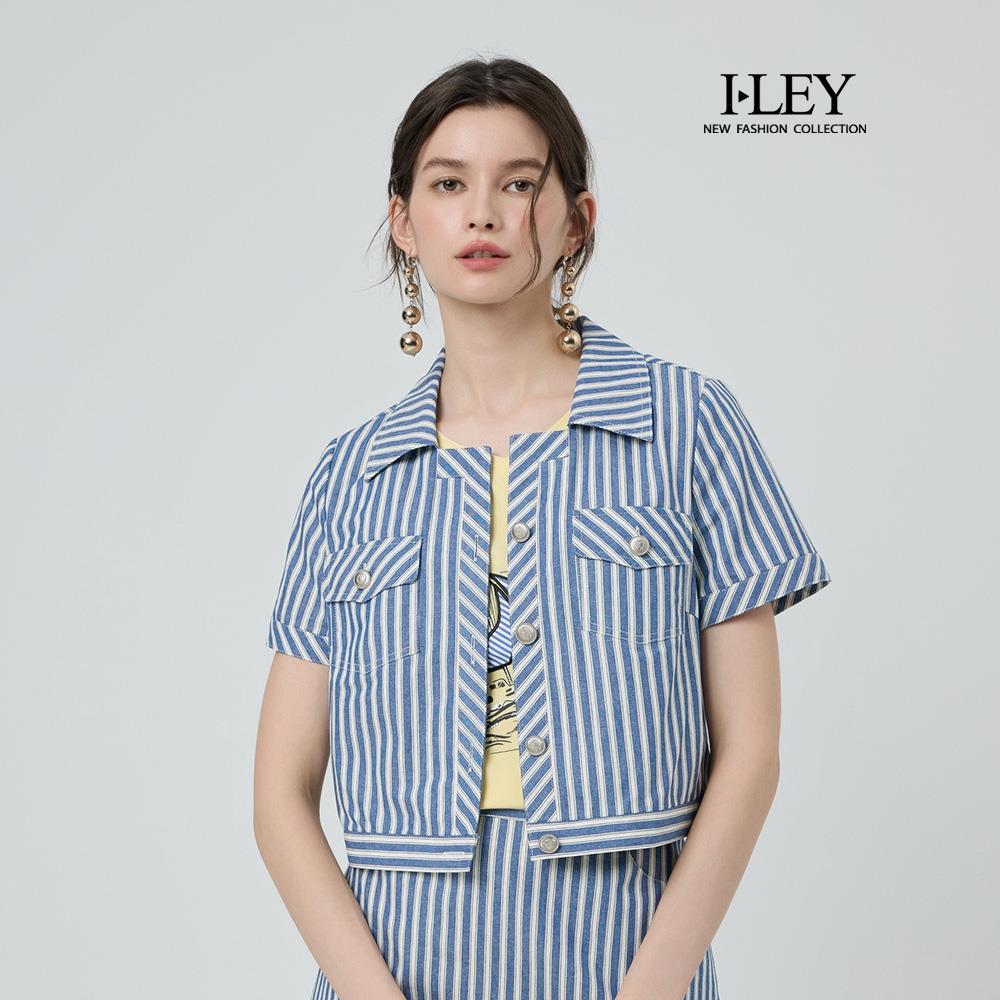 ILEY伊蕾 水手條紋襯衫領純棉短袖外套(藍；M-XL)