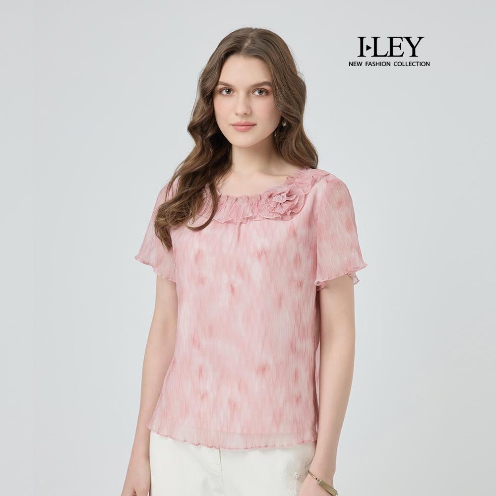 ILEY伊蕾 渲染波浪細褶印花上衣(粉；M-XL)