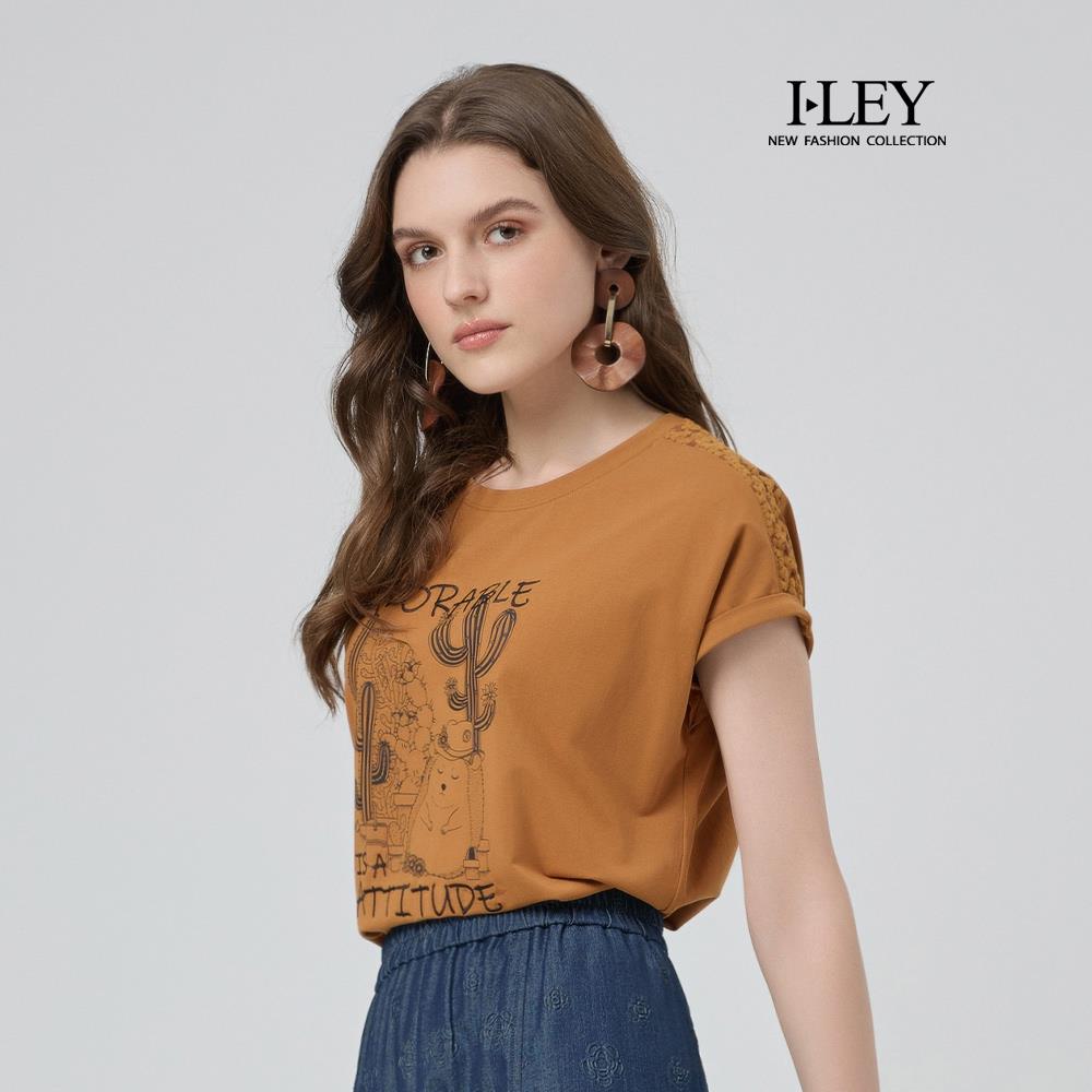 ILEY伊蕾 拼接蕾絲刺蝟印花棉質上衣(桔；M-XL)