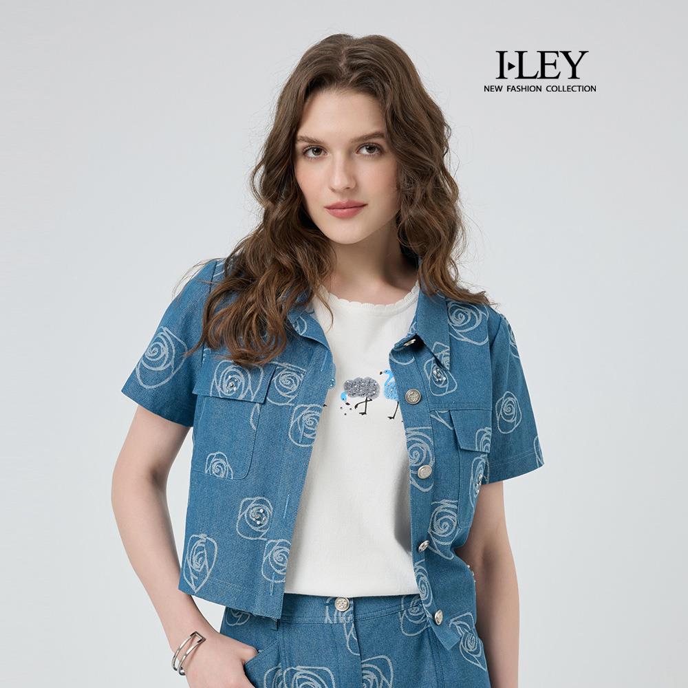 ILEY伊蕾 玫瑰緹花棉質牛仔襯衫外套(藍；M-XL)