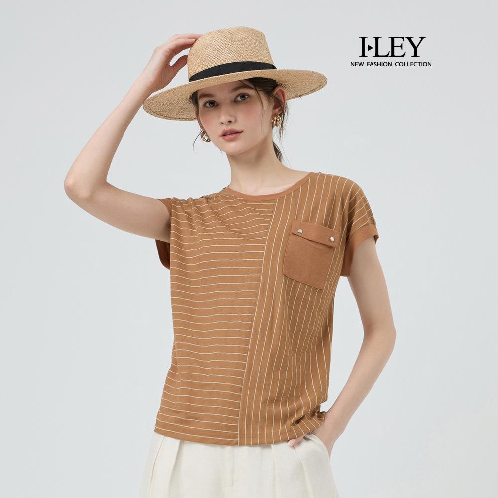 ILEY伊蕾 簡約條紋縲縈連肩袖上衣(咖；M-XL)