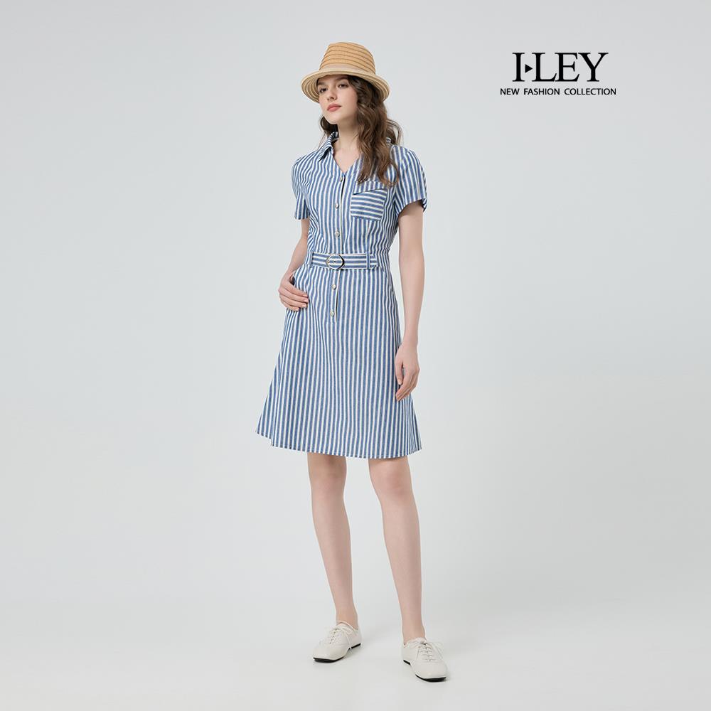 ILEY伊蕾 水手條紋純棉襯衫領腰帶洋裝(藍；M-XL)