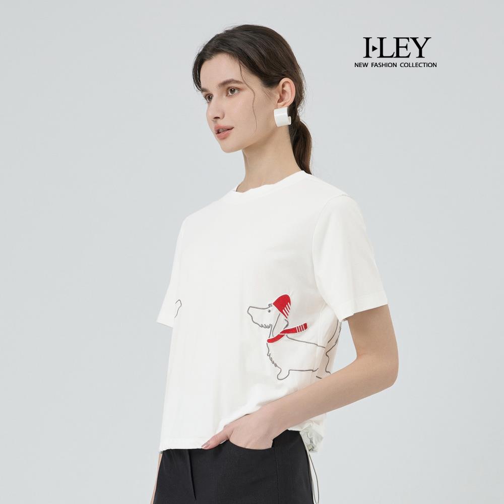 ILEY伊蕾 趣味狗狗縲縈寬鬆棉質上衣(白；M-XL)