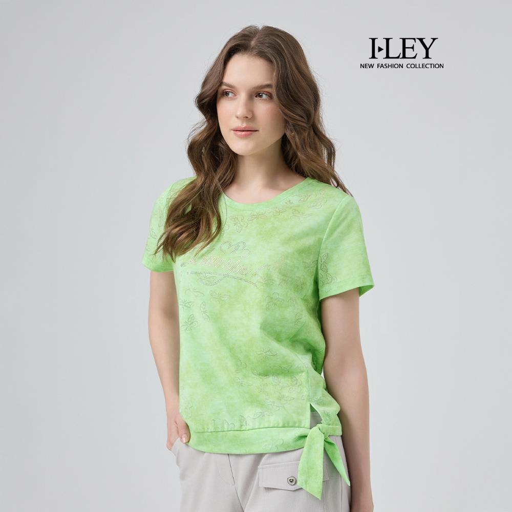 ILEY伊蕾 蝴蝶燒花英文字縲縈棉T(淺綠；M-XL)