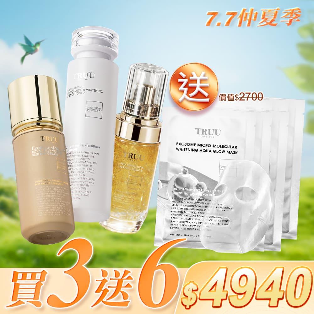 【年中慶限定｜外泌體抗老買3送6】蜂王乳外泌體青春再生乳液+美白外泌體超導精華露+黃金胜肽賦活精華【送】外泌體微分子美白水光面膜 6入（250億科學級外泌體）【佩甄．小嫻推薦】