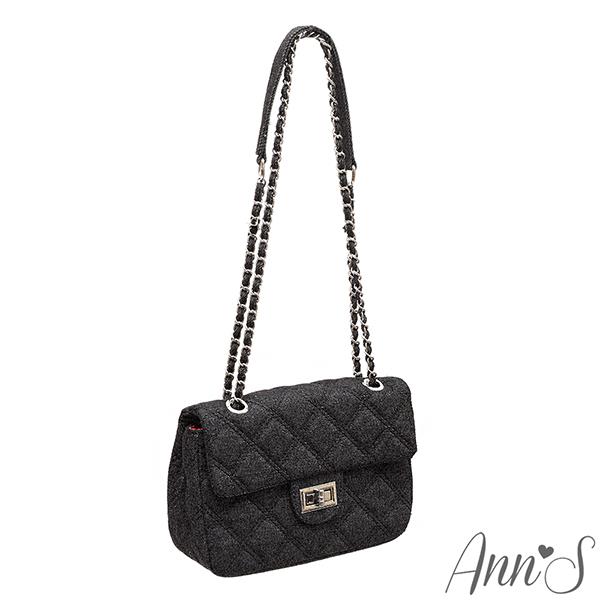Ann’S 小香風牛仔單寧菱格雙車線鏈帶小方包-黑