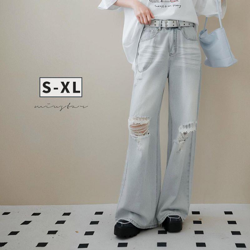 現貨★水洗刷色刷破蕾絲無彈性牛仔長褲(共1色，S-XL)0603 【NR0954】