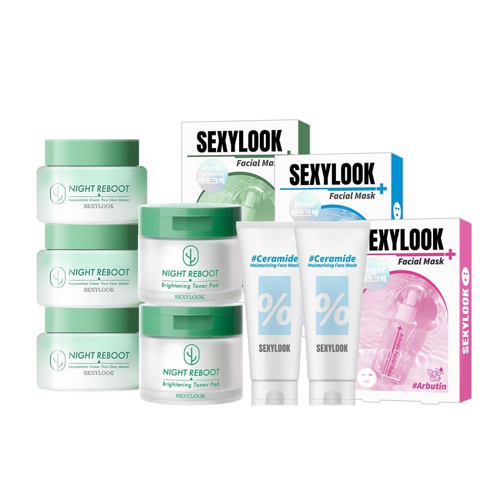 618限定♥【SEXYLOOK 西西露】仙人掌發光8件組(夜光霜50mX3+棉片50片X2+玻尿酸鎖水洗面乳120gX2+玻尿酸面膜3盒(綠番茄+保濕鎖水+熊果素)(預購商品6/27陸續出貨)