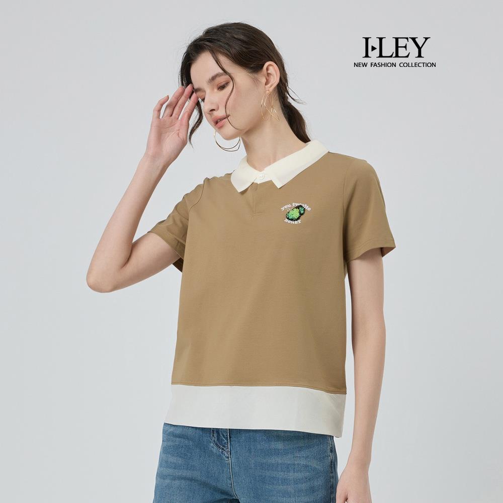 ILEY伊蕾 雪紡POLO領拼接棉質上衣(咖；M-2L)